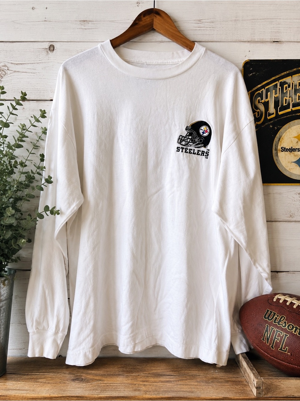 Vintage Steelers Logo Athletic Embroidered Long Sleeve Shirt White NFL Large